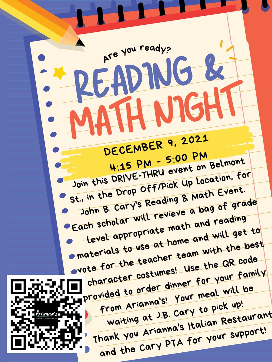 Join us on 12/9/2021 for our Reading &amp; Math Night! Use the QR code below to order Arianna's Pizza to be picked up at the event! Please write "JB Cary Elementary Math and Reading Night" in the comments section of your order so your meal is delivered to the school. 🧮📚🍕
