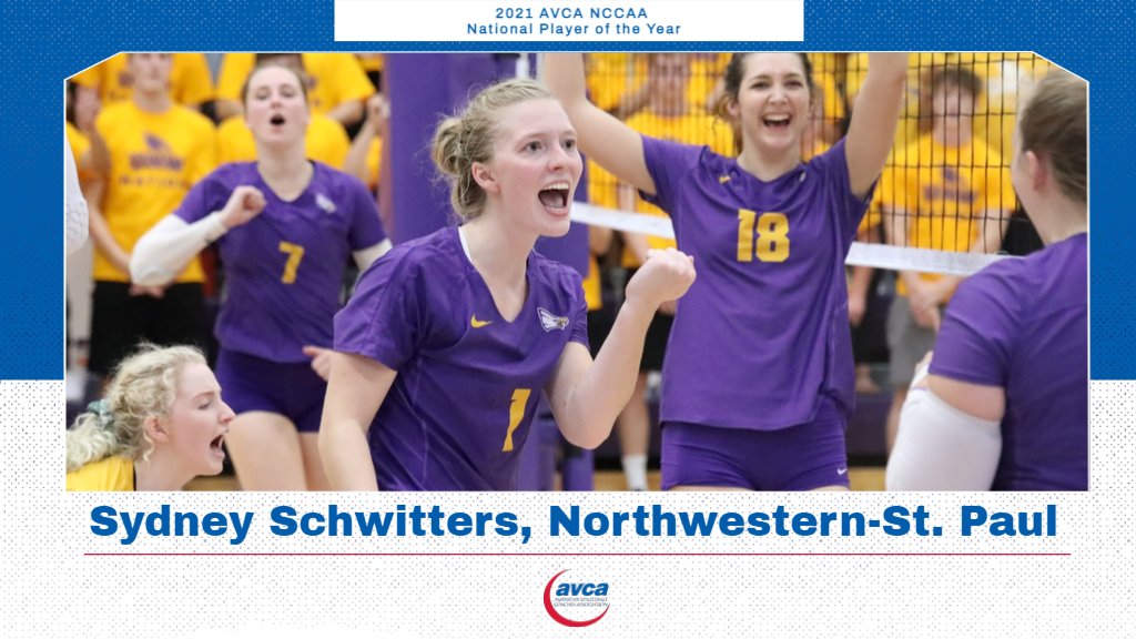 The AVCA is proud to announce its 2021 NCCAA Division I All-American teams. Full release: bit.ly/3Gew9ME. 
This year’s AVCA National Player of the Year for the NCCAA is Sydney Schwitters of the University of Northwestern-St. Paul. Read more at bit.ly/3otEhTJ.