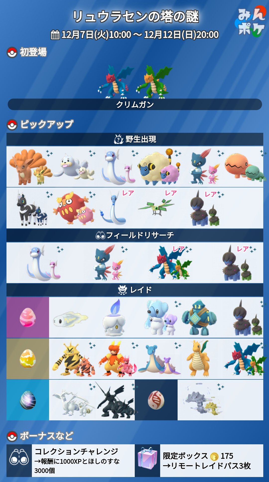ポケモンgo攻略 みんポケ 本日10時から始まる リュウラセンの塔の謎 の詳細が発表されました 開催期間 12月7日 火 10 00 12月12日 日 00 クリムガンとその色違いが初登場 ヒトモシなどがレイドに登場 限定タスク 限定ボックス