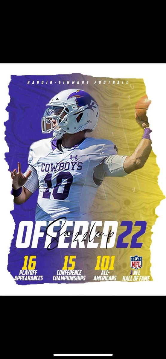 Blessed and excited to receive an offer from Hardin Simmons University!! Thank you for this great opportunity🙏💜💛 <a href="/Whitehead_HSU/">Jeff Whitehead</a> <a href="/HSUCowboys/">Hardin-Simmons Cowboy Football</a>  <a href="/CoachDougWarren/">Doug Warren</a>