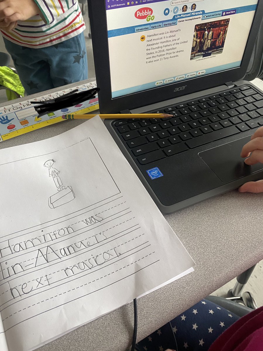 Told my kiddos to research and write about things they’re experts on or want to know more about! Caught this little one writing about <a href="/Lin_Manuel/">Lin-Manuel Miranda</a> and <a href="/HamiltonMusical/">Hamilton</a> 😍🥺 Love seeing musicals leave an impact on my first graders!