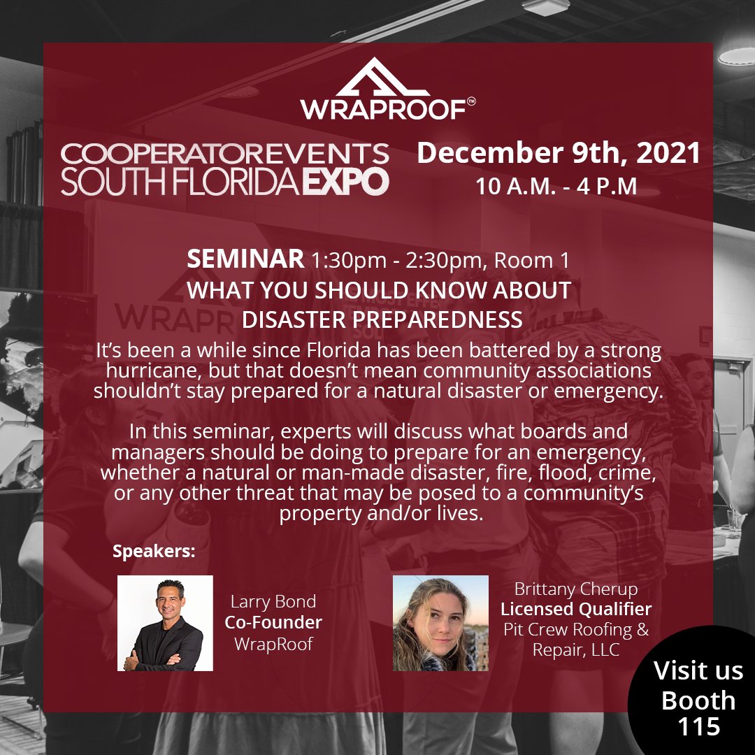 WrapRoof's tweet photo. Happy to announce that WrapRoof is exhibiting at the Cooperator Expo in Broward County this week. Visit us and learn how WrapRoof is the most effective temporary roofing solution in the market.
.
.
#hurricane #emergency #naturaldisaster #ftlauderdale #hurricaneirma https://t.co/21POVCqyHD