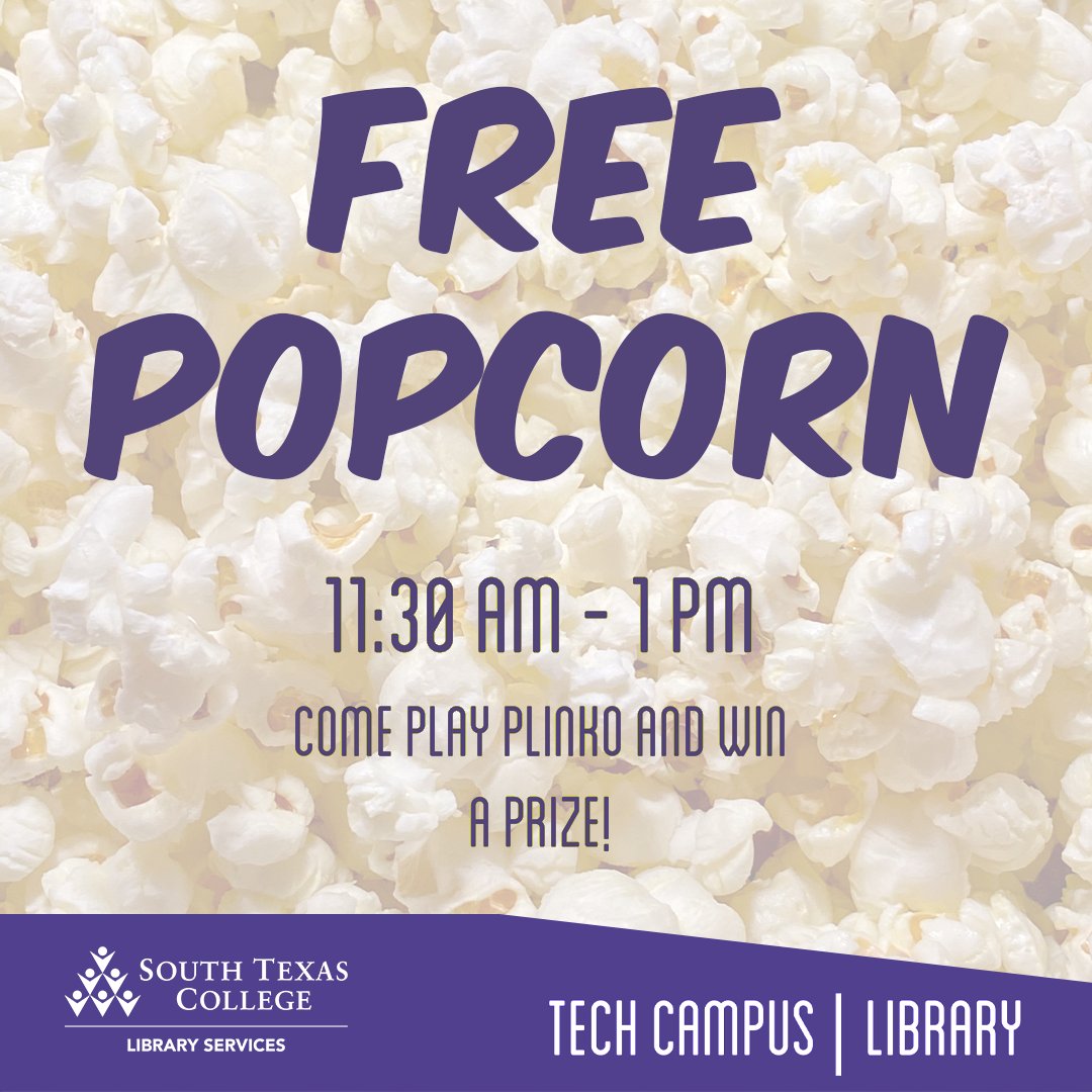 thestclibrary's tweet image. Stop by the Tech Campus Library for Plinko and Free Popcorn! 🍿
Today at 11:30AM - 1 PM 📚 #southtexascollege #techlibrary