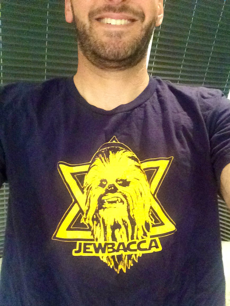DGilfordDesign's tweet photo. In honor of the last night of Hanukkah I thought I’d post this one. A great on-set crew tradition from #TheForceAwakens was #StarWars T-shirt Fridays. I had a few good ones, but this was my best offering. I love that Chewy is sporting a Yarmulke. #chewbacca https://t.co/w8wPyrMdM5