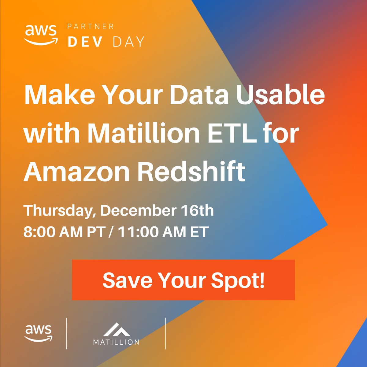 matillion's tweet image. Join Solution Architects from @awscloud &amp;amp; @matillion for an AWS Dev Day: Make Your Data Usable with Matillion ETL for Amazon Redshift, Dec. 16th: pages.matillion.com/webinar_aws-de…

#clouddata #datawarehouse #ETL #devday