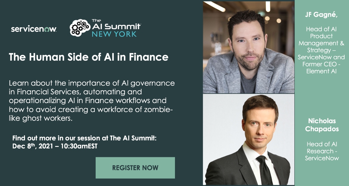 Business_AI's tweet photo. Learn about the importance of #AI governance in Financial Services and how to avoid creating a workforce of zombie-like ghost workers at the #AISummit New York, Dec 8-9.

 Join #ElementAI a@servicenow company to find out more! https://t.co/mhOS4BYo3K