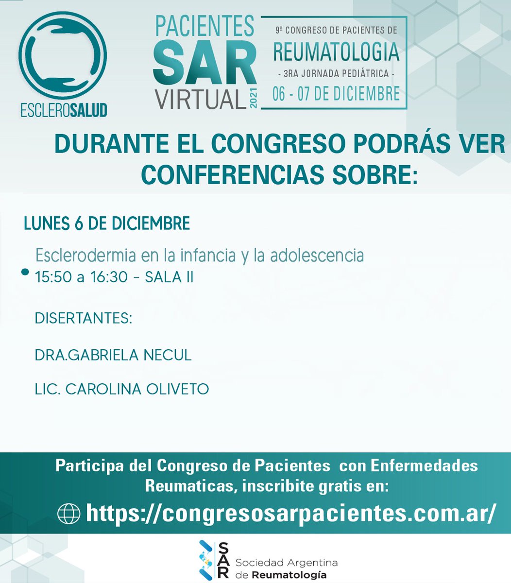 AlapaArgentina's tweet photo. COMENZÓ EL 9° CONGRESO DE PACIENTES DE REUMATOLOGÍA
🙋‍♀️ Hoy, a las 15.50 horas, la Lic. Carolina Oliveto, directora de Programa de ALAPA, participará en la mesa "Esclerodermia en la infancia y la adolescencia".

@ComunidadSar 

#SomosALAPA #Pacientes #Reumaticas https://t.co/xDo7u960RT
