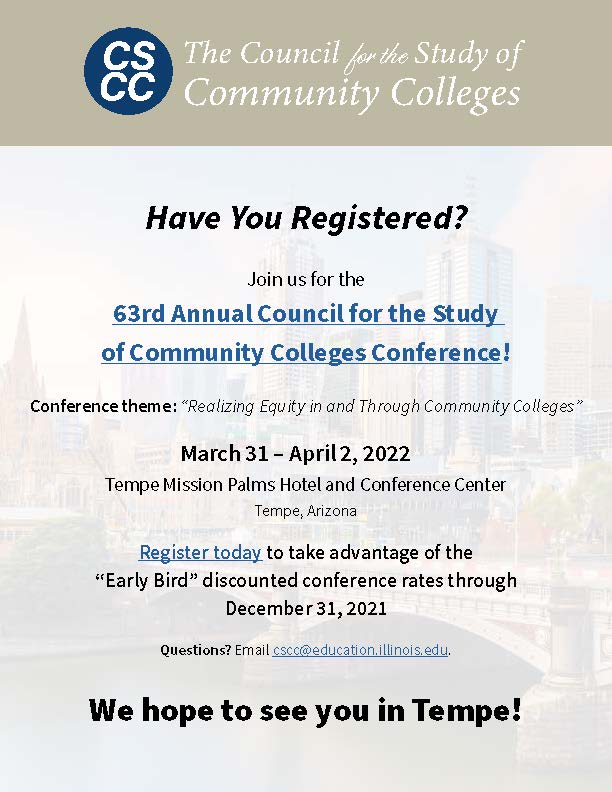 crisp_gloria's tweet photo. Early bird registration is available through Dec. for #CSCC2022! Register now for the @CSCCResearch  conference in Tempe. #highered #communitycollege https://t.co/igEYjyXF0C