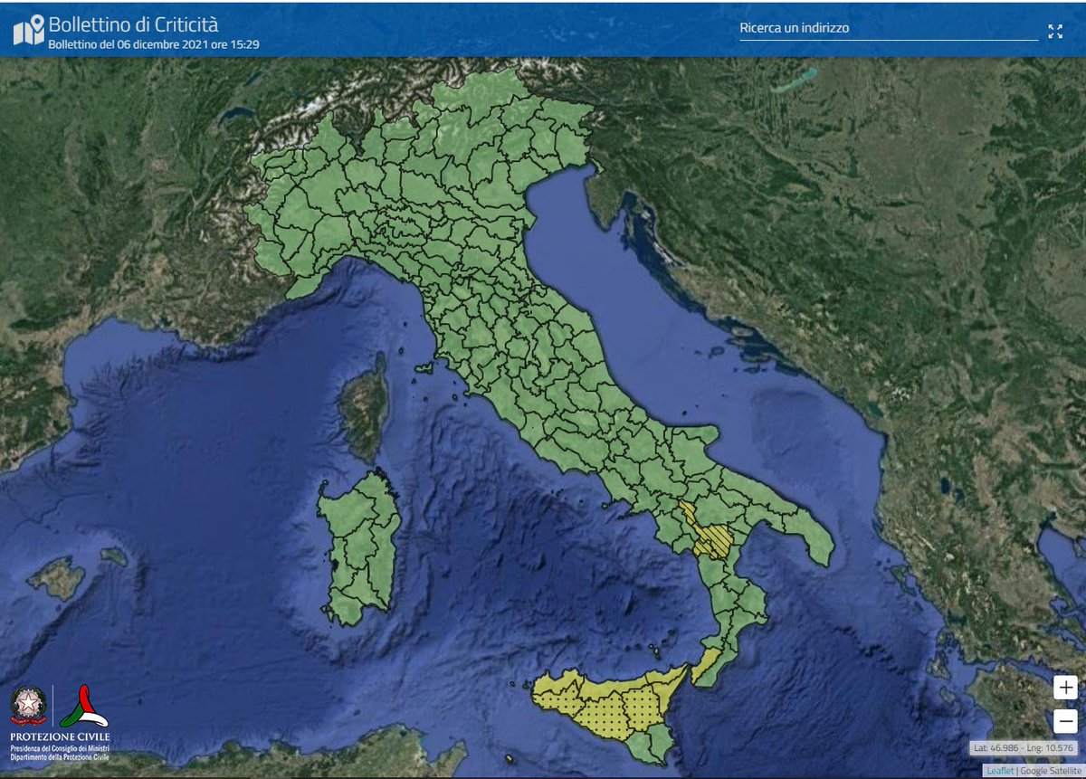 📅 Martedì #7dicembre 
⛈🌬 Ancora temporali in Sicilia, venti di burrasca e mareggiate anche in Puglia, Basilicata e Calabria
🔔🟡 Allerta gialla in 3 regioni
Leggi l’avviso di condizioni meteorologiche avverse del #6dicembre 👉bit.ly/06dic21avv
#protezionecivile