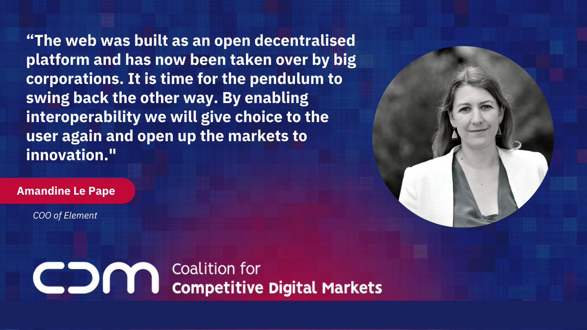 element_hq's tweet image. #CompDM asks for an extension of the #interoperability provision to all core platform services, for all business and consumer offerings 🔃.

Interoperability is a key tool for the EU to gain #DigitalSovereignty, promote #competition and boost #innovation on digital markets 🇪🇺 🚀.