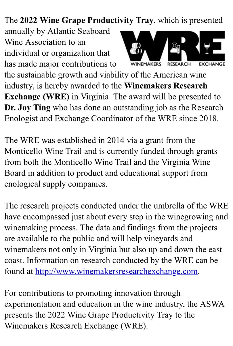 VAWREx's tweet photo. Excited and honored to receive the 2022 Wine Grape Productivity Tray award from the @aswa_org. Thank you for recognizing our efforts to improve the quality of #vawine. 

#winescience #wineeducation #wineexperiments https://t.co/OBvJGw1Qpc