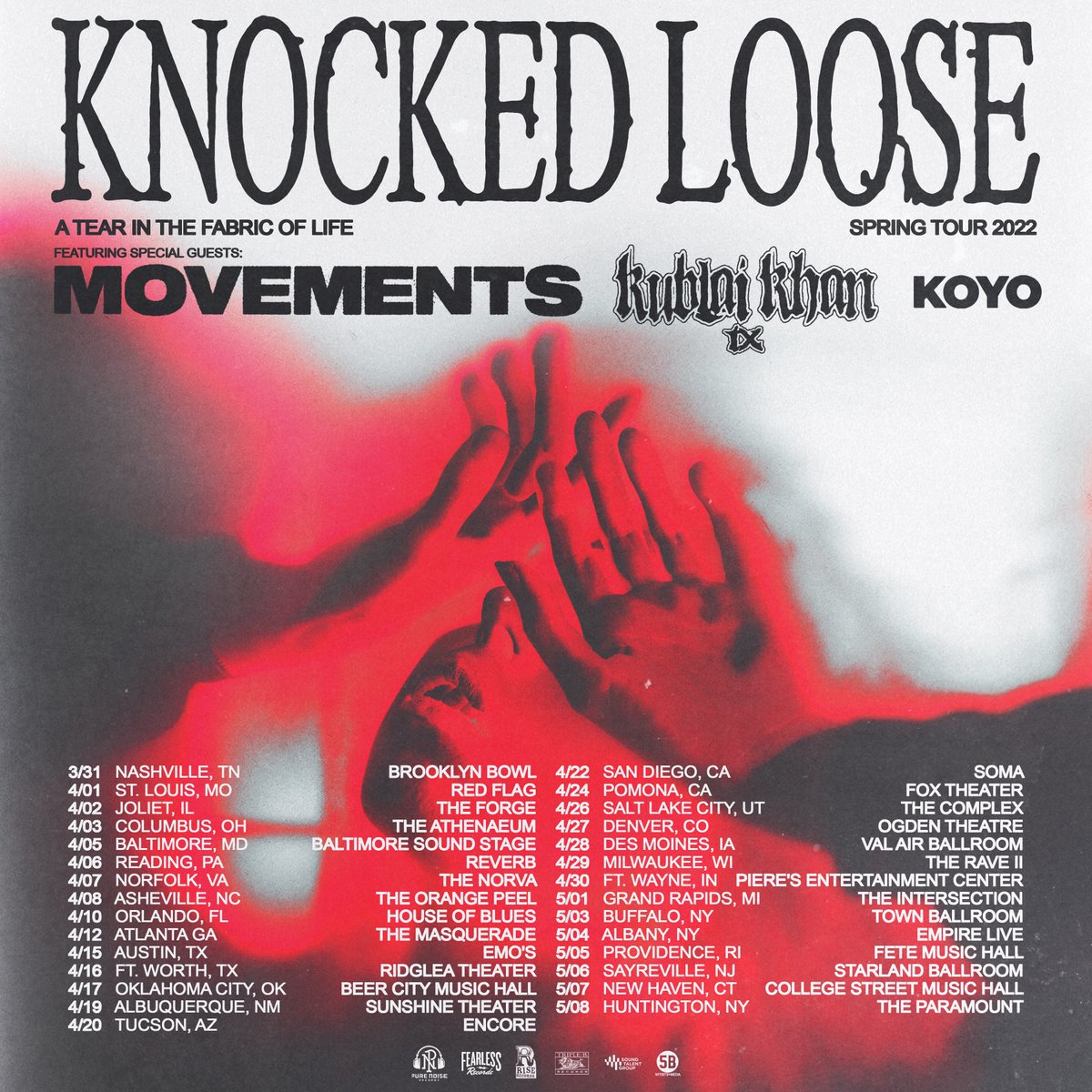 knockedloose's tweet photo. We’re very excited to announce the A Tear in the Fabric of Life Tour with our friends in @movementsCA, @KublaiKhanTX, and @koyolihc. This is a tour we’ve been talking about &amp; planning for a very long time and it’s weird to think it’s finally happening!
🎟️: https://t.co/8AhVIrt753 https://t.co/oYQ8Wus9Oq