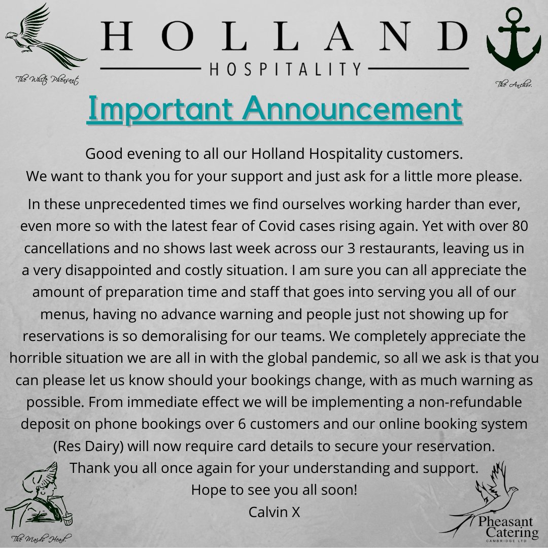 We want to thank you for your support and just ask for a little more please 🙏
#nomorenoshows please #savehospitality #shoplocal #saveyourlocal #noshows 🥲  #eastanglia #pubs #restaurants #thewhitepheasantfordham 
#theanchorburwell #themaidsheadwicken #Cambridgeshire #Suffolk