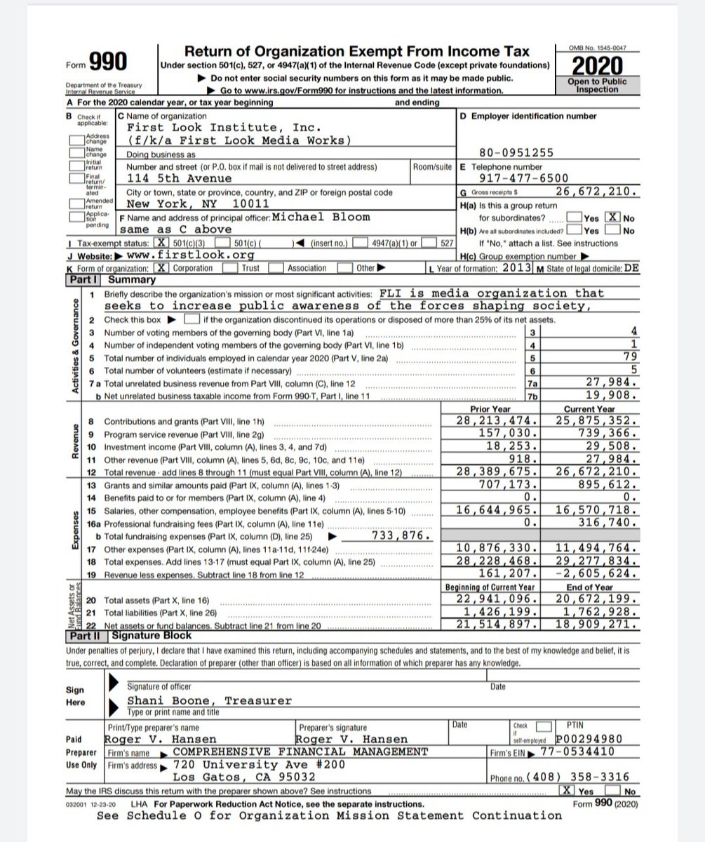 RobletoFire's tweet photo. NEW: Per tax documents, @theintercept parent company, Pierre Omidyar's @firstlookmedia, brought in $25.8 Million in 2020โwith $21M (81%) coming via @siliconvalleycf (presumably from Omidyar).
This donation total is roughly a 12% decline from 2019. https://t.co/8uPk7P2caa