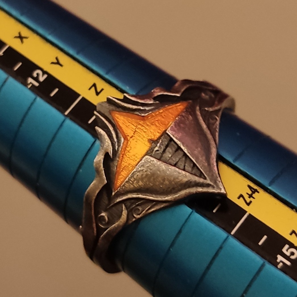 MimicryMetals's tweet photo. A peek at a WIP Dark Souls Calamity Ring as the protective lacquer sets, as far as I'm aware no one else has made one to this level of accuracy and detail. Hopefully it will be available on my Etsy/Website soon! https://t.co/WxKXWvmtDC