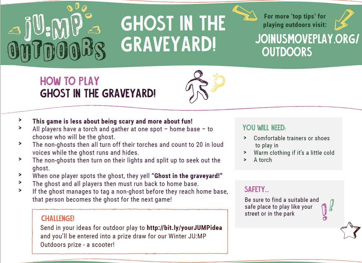 JoinUsMovePlay's tweet photo. NEW JU:MP challenge of the week! Can you play Ghost in the Graveyard? We now have 40 activities available for download for the whole family! Visit https://t.co/9CeYVsVZZk to #BringBackOutdoorPlay because #OutdoorPlayMatters https://t.co/A6JOmSPLzB