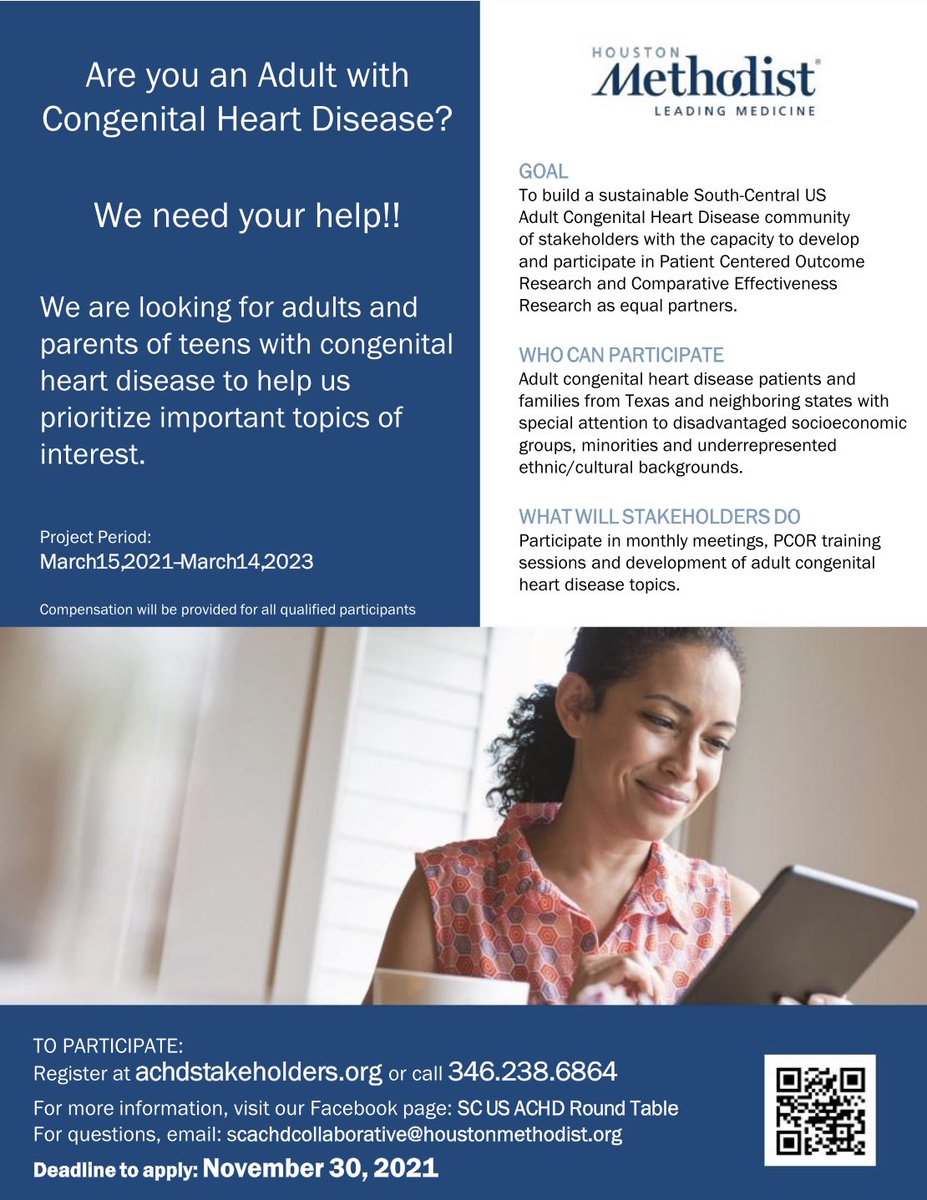 DrStarryEyes's tweet photo. Are you an adult with #CHD or parent of a CHDer 12 or older who lives in Texas/surrounding states?  If so, we need your help.  For more info, please use the contact info below or scan the QRcode. 
Please RT
#chdawareness #1in100 #achd #CongenitalHeartDisease #achdresearch #acha https://t.co/nLSf57uLrC