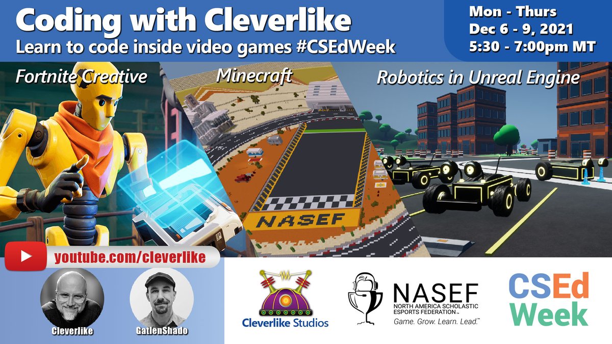 cleverlike's tweet image. We're hosting coding livestreams this week for #CSEdWeek. #CSEverywhere
▶️ Mon: Coding in Fortnite Creative
▶️ Tues: Minecraft Hour of Code
▶️ Wed: Making Games in Minecraft
▶️ Thurs: Robotics in Unreal Engine
Join us! 5:30pm - 7:00pm MT
Subscribe: youtube.com/cleverlike