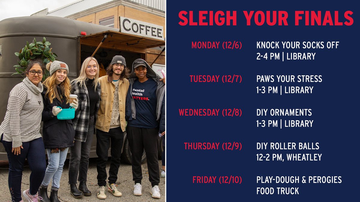 RMU's tweet photo. RMU Thrive is hosting a series of student events all week long in preparation for finals next week! 

#GetReady to "Sleigh Your Finals". View the full list of events 👉 https://t.co/FLgTHLdLNJ https://t.co/MFp11bNPG2