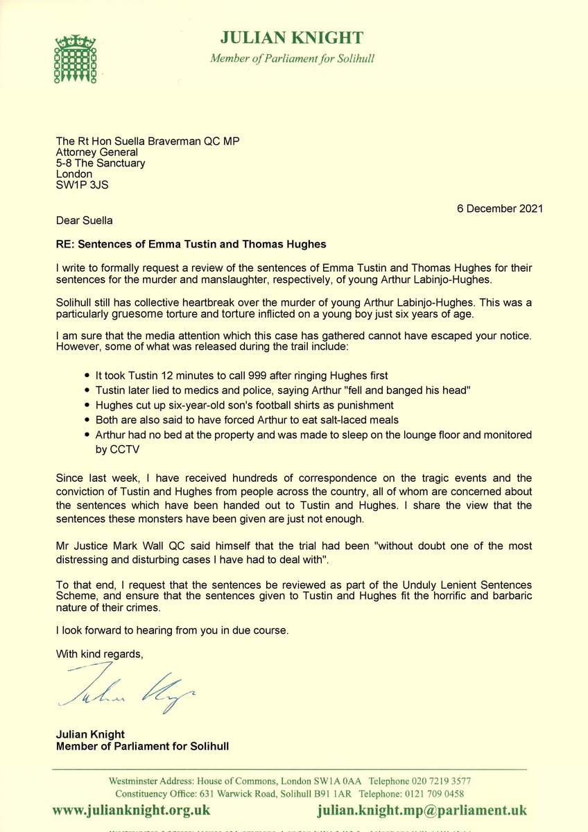 julianknight15's tweet photo. My letter to the Attorney General, requesting the review of the sentences of Emma Tustin and Thomas Hughes. 

Nothing we do can bring back Arthur, but I share the view that the sentences these monsters have been given are just not enough. 👇 https://t.co/cxY7vedVPz