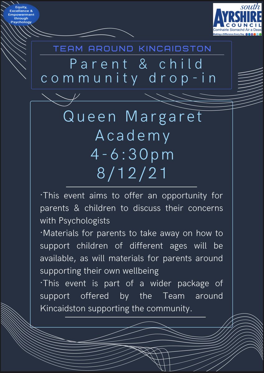 ThrivCom_EmpSAC's tweet photo. Parent &amp; Child drop-in at Queen Margaret Academy on 8/12, 4-6.30pm for families affected by the incident in Kincaidston. An opportunity to speak to Psychologists about your experience. Please share. https://t.co/t5ydzCu4Fh