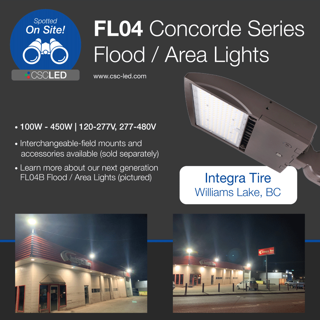 CSCLEDCORP's tweet photo. CSC LED's FL04 Flood / Area Lights were recently seen at Integra Tire located in Williams Lake, BC! Visit https://t.co/uddLKm1agh to learn more about our FL04 Flood / Area Lights as well as our next generation FL04B Flood / Area Lights - IN STOCK AND READY TO SHIP! #CSCLED #LED https://t.co/Z2aOKnJvd5