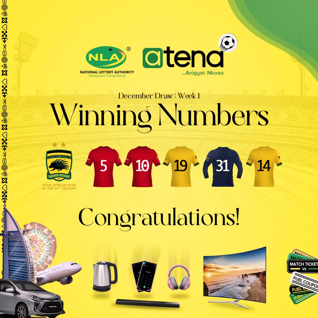 AsanteKotoko_SC's tweet photo. The winning jersey numbers for the maiden National Lottery Authority #atena draw are 5, 10, 19, 31, and 14.

𝑪𝑶𝑵𝑮𝑹𝑨𝑻𝑼𝑳𝑨𝑻𝑰𝑶𝑵𝑺 🍾 to all winners and better luck next time to everyone who didn't win.

#AKSC #KotokoNLA https://t.co/0nhd6d6Ds0