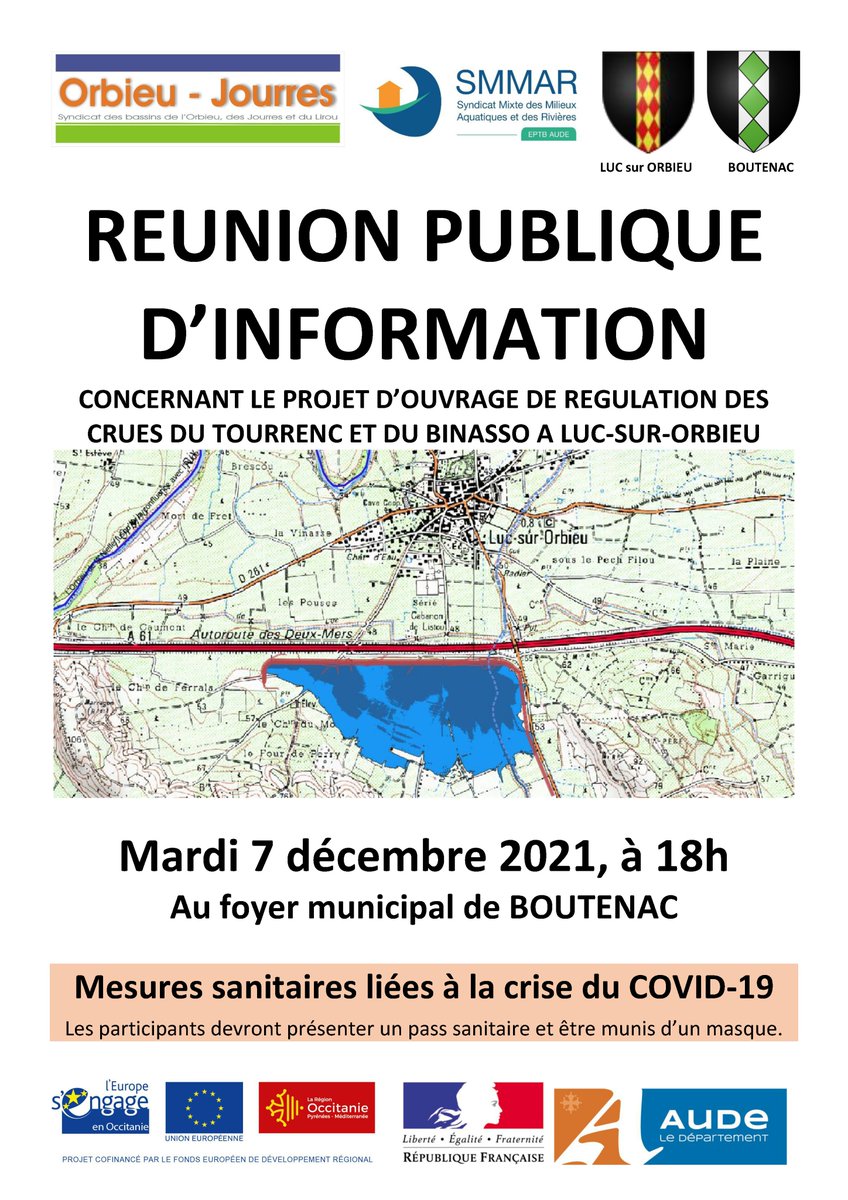 smmar_aude's tweet photo. EVENEMENT | Mardi 7 décembre à 18h, participez à la #réunionpublique d'information à #Boutenac sur le projet de protection de Luc-sur-Orbieu contre les #crues du Tourrenc et du Binasso☔️
Au programme : présentation du projet, échange avec le #SMMAR, le syndicat et les mairies💬 https://t.co/zRGXy3MGVj