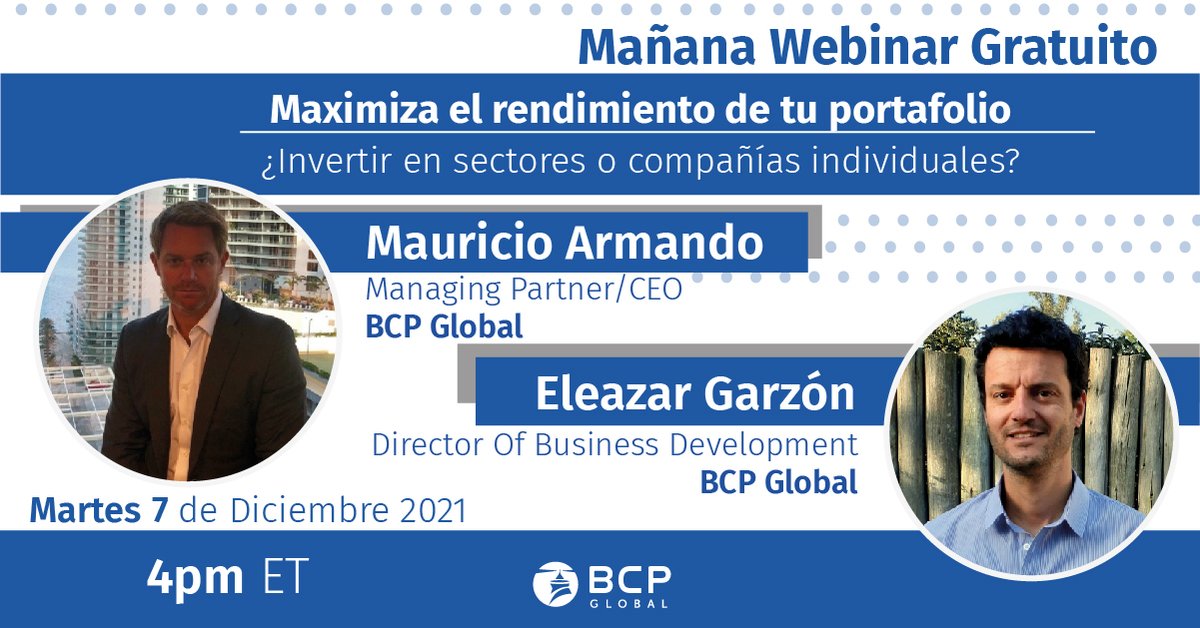 bcpglobalinvest's tweet photo. ¡Todavía estás a tiempo de registrarte en nuestro webinar de mañana! No puedes perderte de conocer ¿cuáles son los pros y contras de invertir en sectores versus invertir en compañías individuales?
Regístrate aquí https://t.co/xlB0TKtKKx https://t.co/lxsyDxxvrW