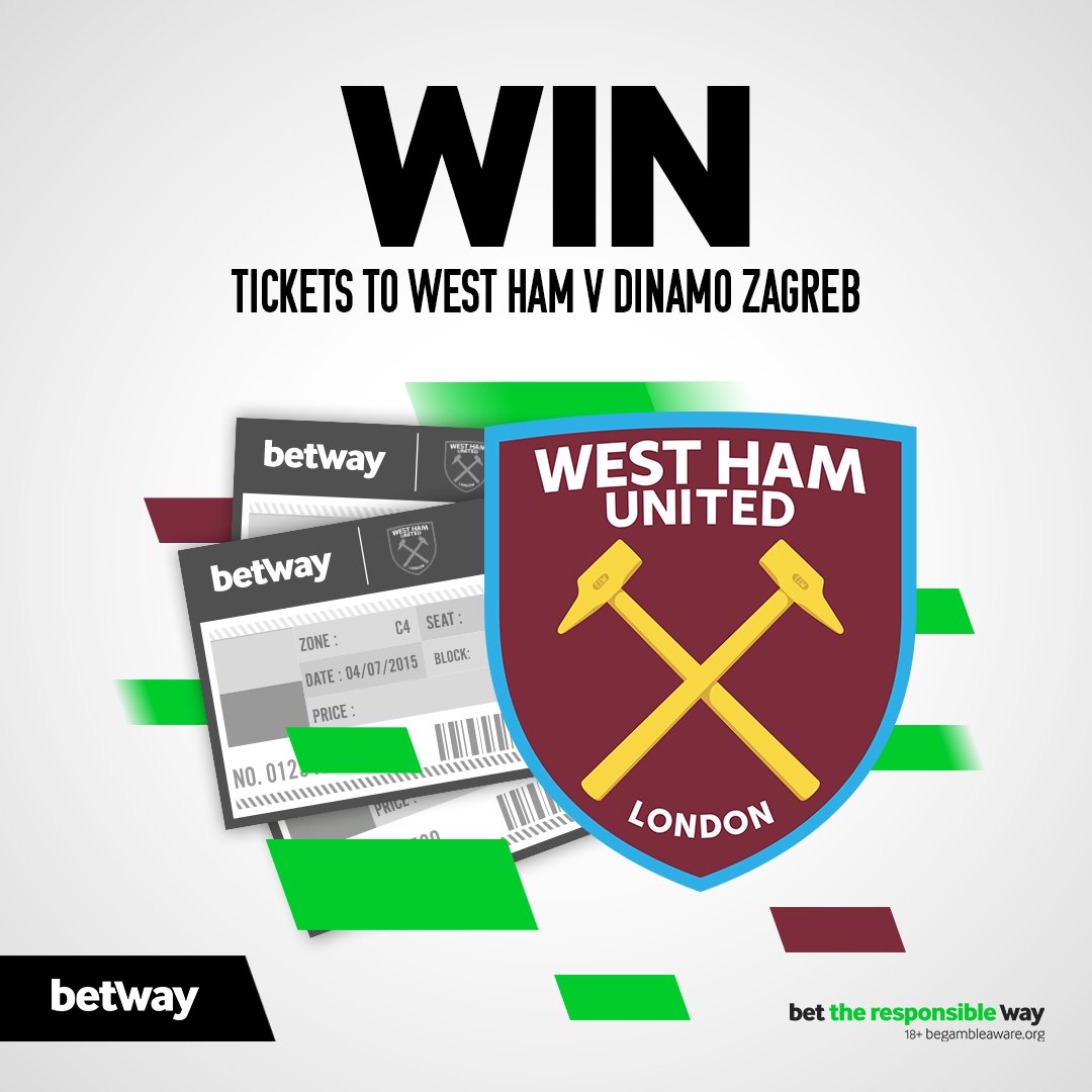 betway's tweet photo. Calling all Hammers - we've got 𝐅𝐈𝐕𝐄 pairs of tickets to give away for @WestHam v Dinamo Zagreb on Thursday night! ⚒️

For a chance to win:
🖱️ Follow us @betway 
🔃 RT this tweet

We'll announce the winners tomorrow afternoon.

Terms: https://t.co/jI8swFMvU7 https://t.co/YcbBiLySgR