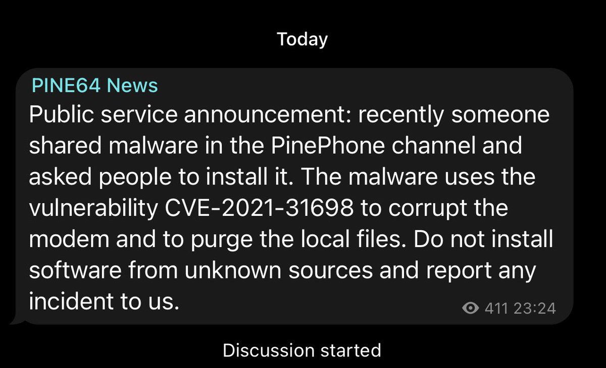 sickcodes's tweet photo. PinePhone malware actively distributed

- AT command inject over serial due to privileges
- @Quectel_IoT EG25-G modem runs own OS (root <—> root)
- LPE?

Vuln is allegedly from early 2021, spotted in the wild 👀 https://t.co/HYApX1NbbM

No idea why the CVE was RCE though https://t.co/iVuwPPC3WR