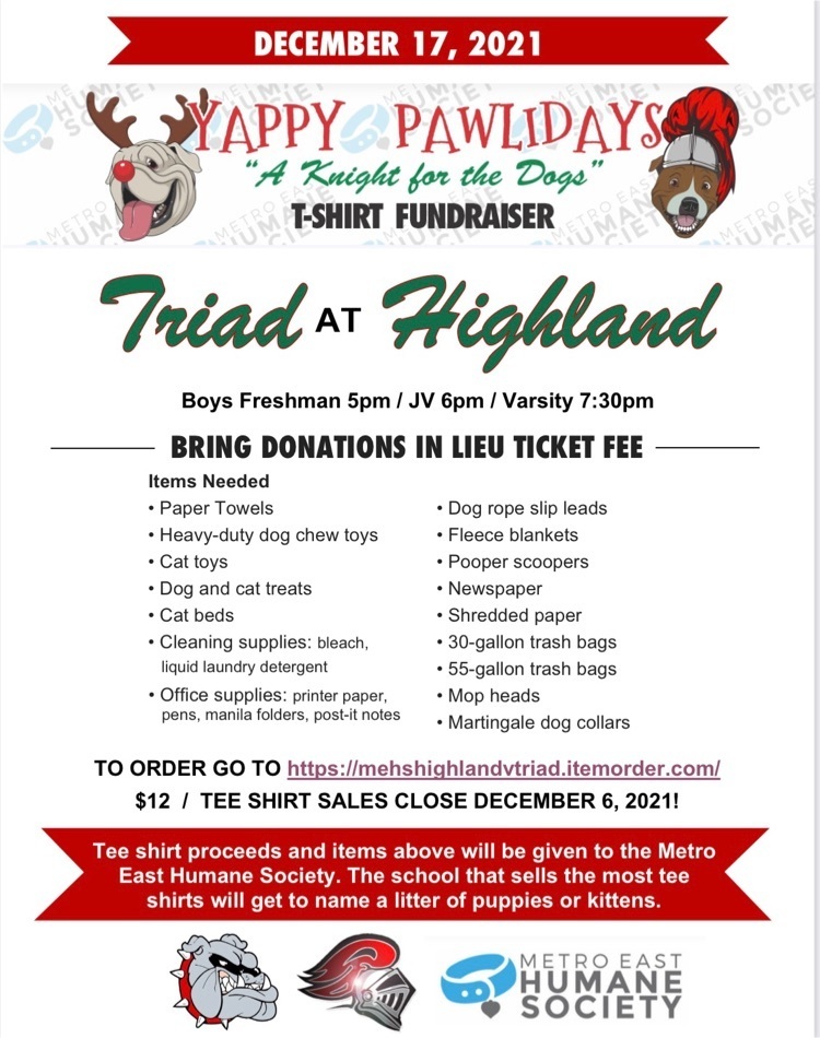HHSbulldogsIL's tweet photo. Today is the last day to order your tee shirt for the Highland vs Triad basketball game benefiting the Metro East Humane Society. Get yours today! https://t.co/szvigGaMyl