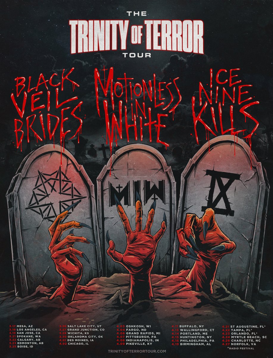 After years of you asking for it, it’s finally happening! This March/April 2022, we're teaming up with @blackveilbrides @ICENINEKILLS for a U.S. triple headliner - The Trinity Of Terror Tour. Are you as excited as we are?! 

Pre-sale 12/7. On sale 12/10.
trinityofterrortour.com