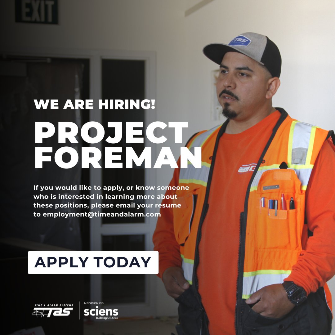 Time and Alarm Systems is hiring for a Project Foreman role! Apply today! #Careers #Hiring #Recruiting