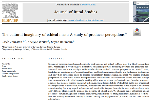 anelysemw's tweet photo. Our new article is out in the Journal of Rural Studies! Drawing on our fieldwork in 4 Canadian provinces, Josée Johnston, Shyon Baumann and I explore small-scale producers' ideas about the purpose and potential of 'ethical meat'. https://t.co/xcC2wdTMDN https://t.co/ebvoRTOR8j