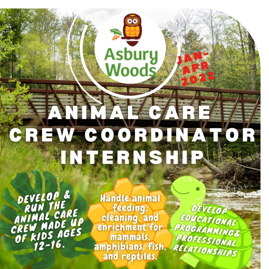 accareered's tweet photo. Pursuing a career in veterinary medicine, biology, education, environmental science, or a related field?

Asbury Woods is accepting applications for the Animal Care Crew (ACC) Coordinator Internship for January 2022 – April 2022.

More info at https://t.co/hpLCCu07jY https://t.co/vJForUcSEk