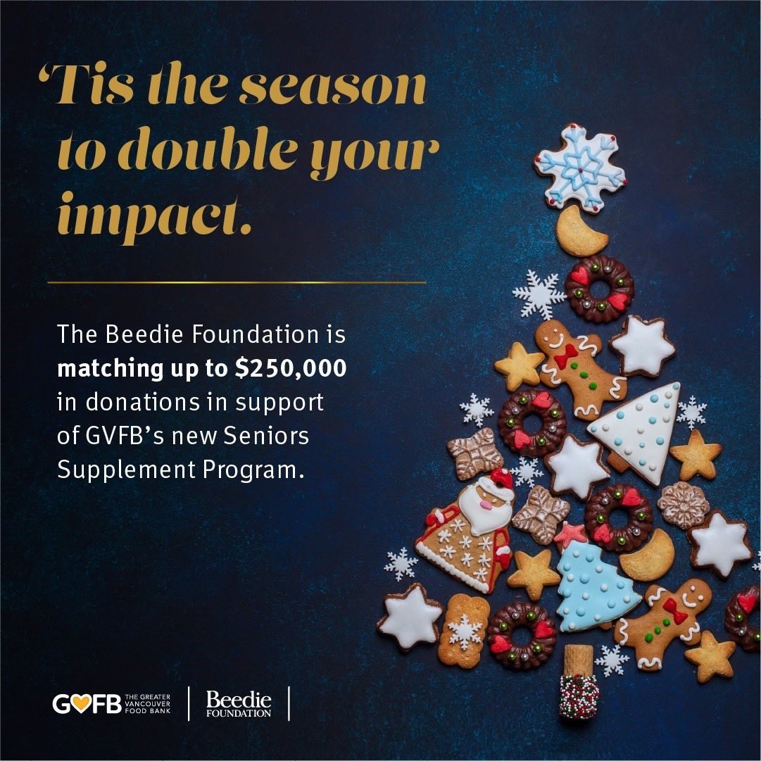 BeedieFdn's tweet photo. 'Tis the season to double your impact.

@beediefoundatio is partnering with @vanfoodbank once again, &amp; matching all of your generous donations up to $250,000.

Learn more about how you can help make spirits bright: https://t.co/5q21aT9MuL

#BuiltForGood https://t.co/tyfbsKsImJ