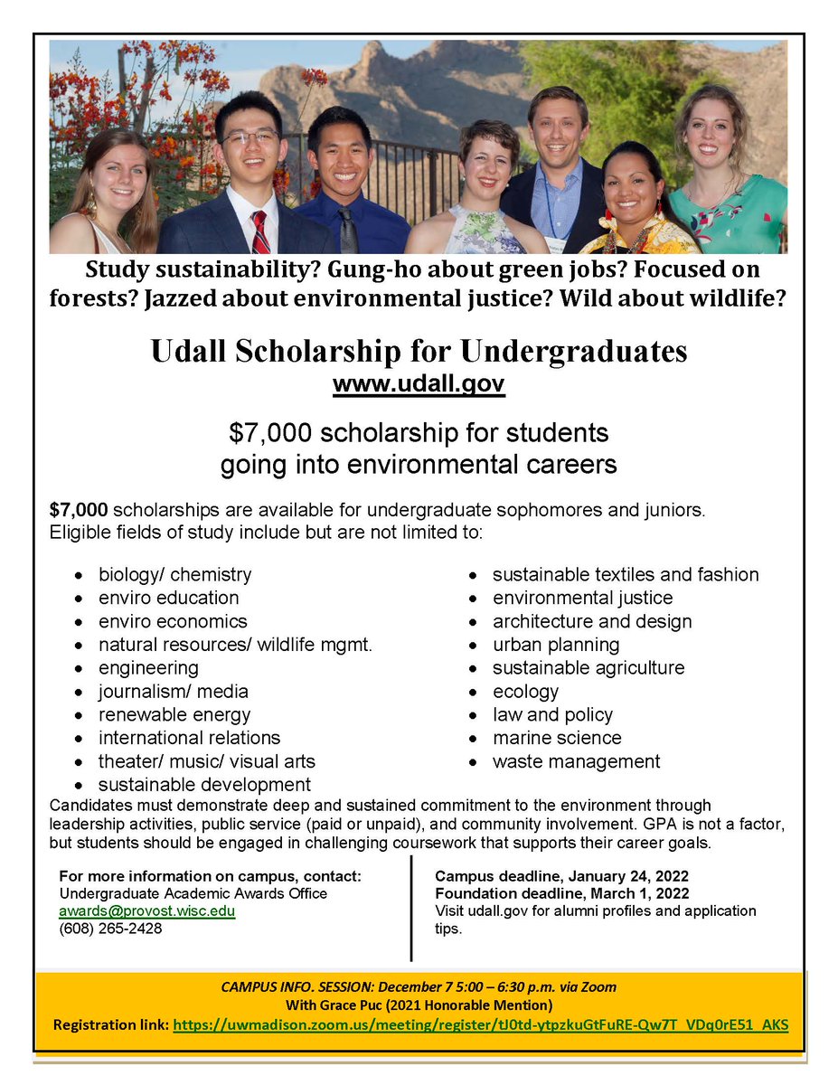 UWMadisonAwards's tweet photo. Interested in the environment or tribal health care and public policy? Join us for an upcoming Udall Scholarship Info Session 12/7 5:00 – 6:00 (ONLINE)  Register here: https://t.co/8u0kJzUIvs
Join Udall Honorable Mentions Grace Puc &amp; Giselle Monette &amp; Udall Scholar Kelsey Lutgen! https://t.co/WmdFlpfjlQ