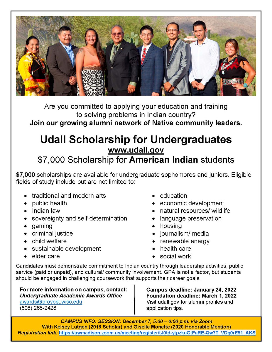 Interested in the environment or tribal health care and public policy? Join us for an upcoming Udall Scholarship Info Session 12/7 5:00 – 6:00 (ONLINE) Register here: uwmadison.zoom.us/meeting/regist… Join Udall Honorable Mentions Grace Puc & Giselle Monette & Udall Scholar Kelsey Lutgen!