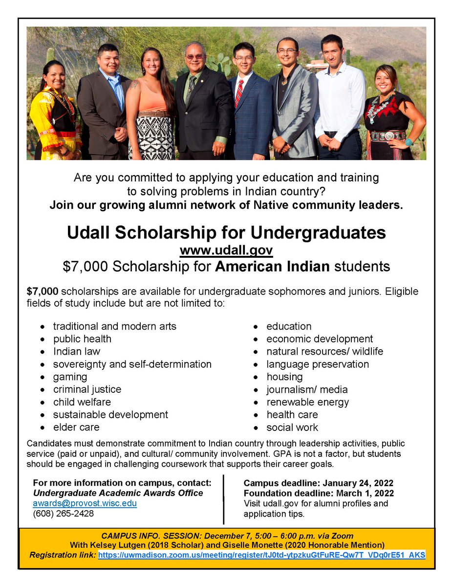 UWMadisonAwards's tweet photo. Interested in the environment or tribal health care and public policy? Join us for an upcoming Udall Scholarship Info Session 12/7 5:00 – 6:00 (ONLINE)  Register here: https://t.co/8u0kJzUIvs
Join Udall Honorable Mentions Grace Puc &amp; Giselle Monette &amp; Udall Scholar Kelsey Lutgen! https://t.co/WmdFlpfjlQ