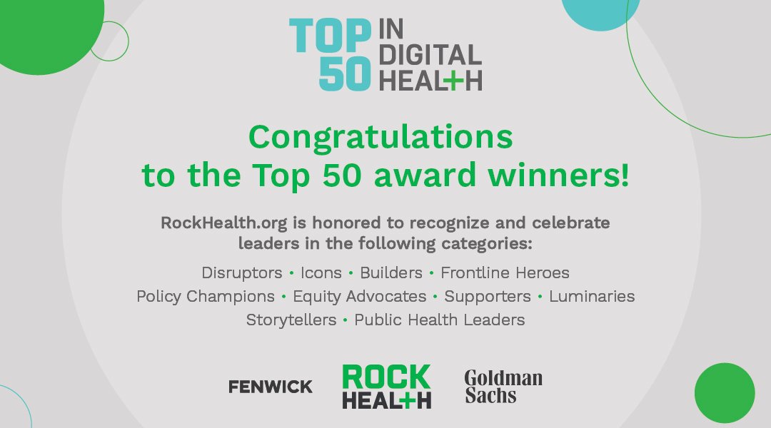 RockHealth.org is excited to announce this year’s Top 50 in Digital Health award winners! These leaders are unwaveringly committed to the promise of digital health. Please join us in congratulating them: top50indigitalhealth.com/2021honorees 

#Top50inDigitalHealth #10YearsofTop50