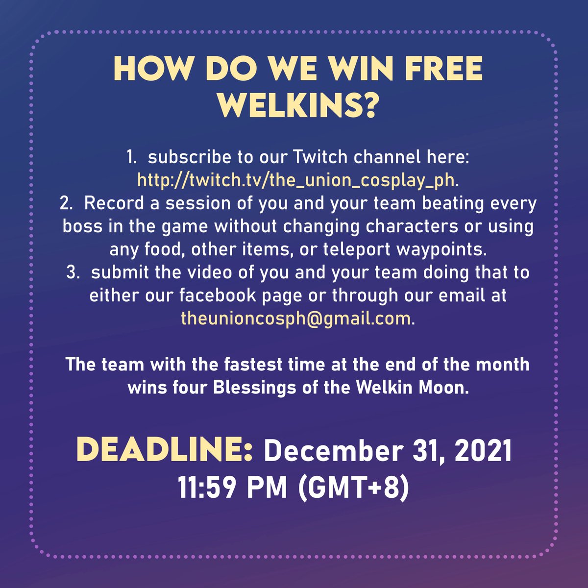 TheUnionCosPH's tweet photo. Round 3 of our Welkin Giveaway is here! 
Do you want to be the next winner of four Blessings of the Welkin Moon? Then form the team that can best explore Teyvat!
Follow the instructions below and we hope to see your runs, travelers!

#GenshinImpact https://t.co/pCpTNZLnsz