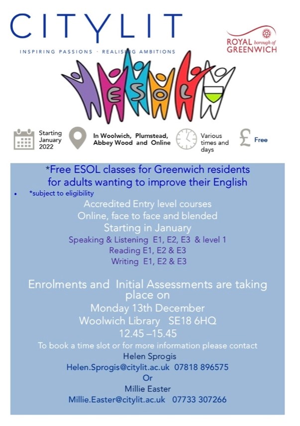 CityLitFL's tweet photo. Free ESOL classes for #Greenwich residents.Come along on Monday 13th December for an initial assessment @BetterGreewnich Woolwich library. https://t.co/S4Or9JjTF6