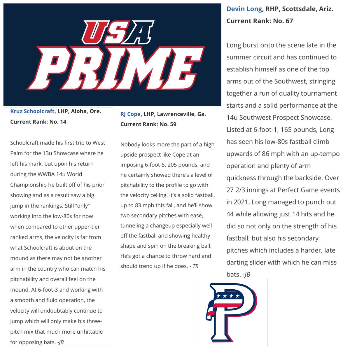 Take a look at some of our 2026 grads that moved up in the @perfectgameusa rankings! #PrimeMovement <a href="/KruzSchoolcraft/">Kruz Schoolcraft</a> <a href="/cope_rj/">RJ Cope</a> and Devin Long !