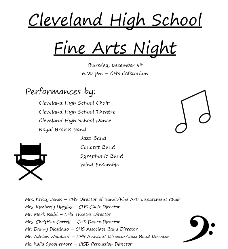 ClevelandISDTX's tweet photo. Join us for CHS Fine Arts Night!! Thursday, December 9th @6:00PM at Cleveland High School Cafeteria! @WEARECHSINDIANS @CHSRBB @RoyalBravesBand @ClevelandDance https://t.co/I5n2jmRp9p