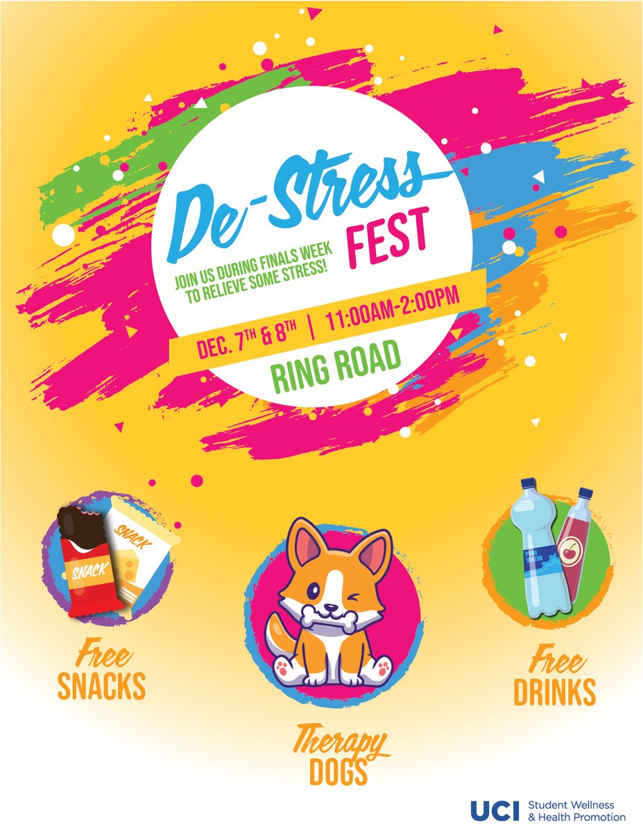 Stressed out during finals😭? We got you covered!😎

Join us on Ring Road from 11:00am-2:00pm on Tuesday and Wednesday (7th &amp; 8th) and help alleviate some of that stress with Therapy Dogs, snacks, and beverages!

#destress #finals #finalsweek #therapydogs #dogs #snacks