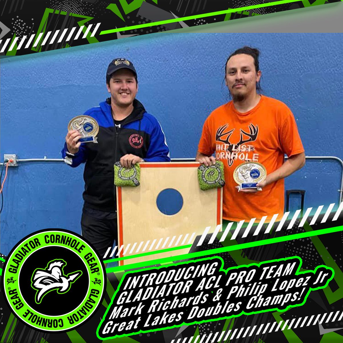 GCGCornhole's tweet photo. Please help us welcome Gladiators newly signed Pro team Mark Richards & Philip Lopez Jr! They walked away with the ACL Great Lakes Advanced Doubles Champ title! Welcome to the team and congrats on the great shooting this weekend!
#gladiatorcornholegear #ACLpro #teamgladiator https://t.co/BE3BPq6baL