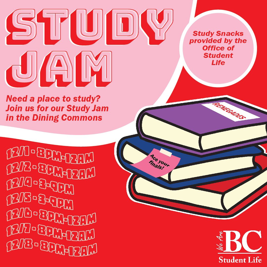 BCSGA's tweet photo. Join us at the BC Dining Commons if you need a place to study‼️ make sure you check out our schedule.👏🏼❤️📚🖤 #BCOSL #BCSGA
#BCStudyJam https://t.co/nM5j3RaSRI