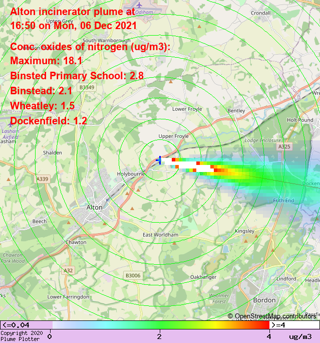plumeplotter's tweet photo. Latest Alton incinerator plume plot, 16:50 06/12/21 #Binstead #Wheatley #Dockenfield https://t.co/VMzYTwGnPN https://t.co/s03FRxFEP5