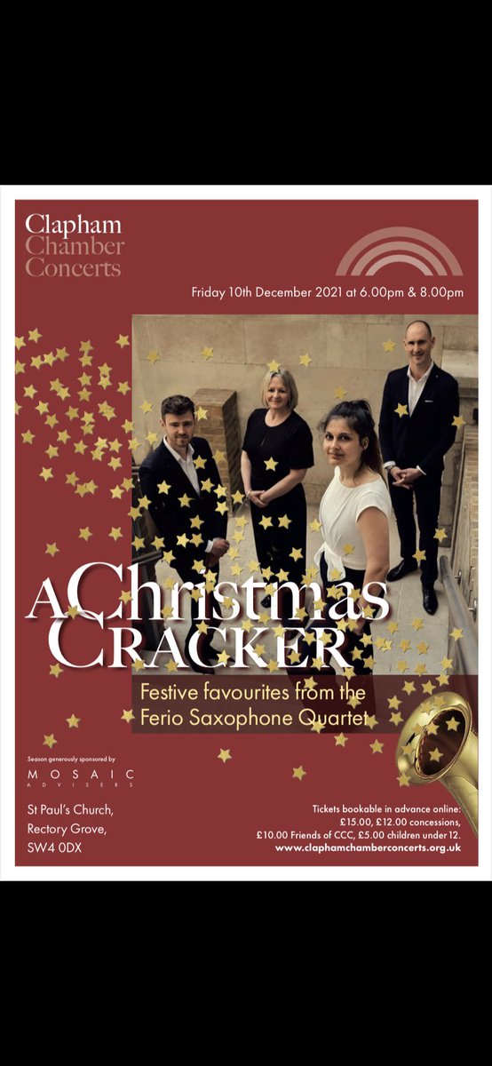 ClaphamConcerts's tweet photo. Concert this Friday with @FerioSaxQuartet!!!! Ideal for youngsters and families! Get your tickets on Eventbrite 🎅🏻🎄🎄 https://t.co/eD5w7LPr2Q #clapham #concerts #christmasconcert https://t.co/VsL5JmWBPK